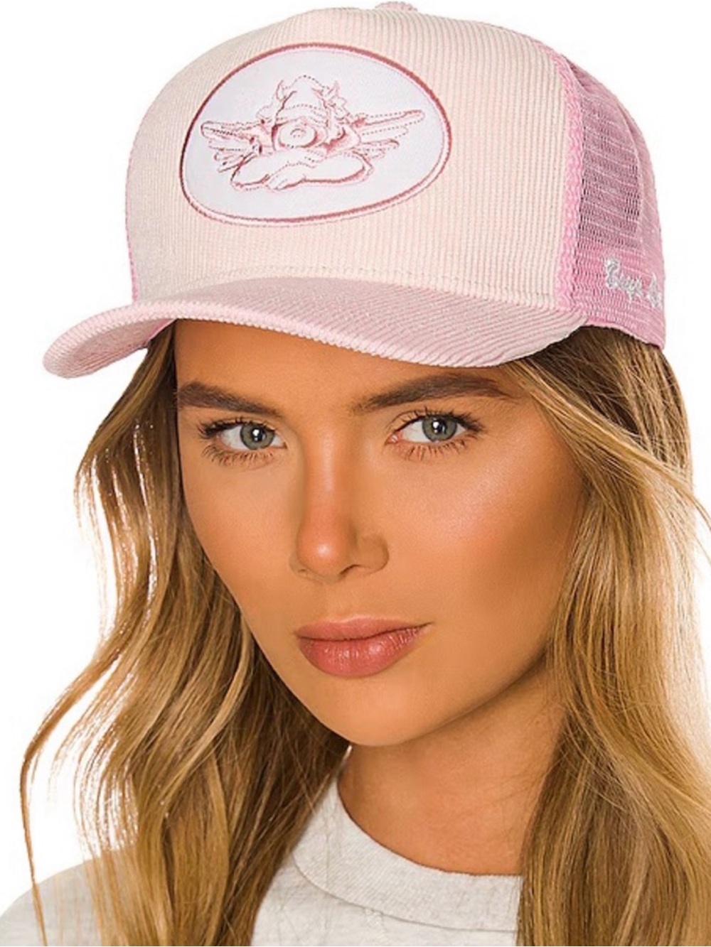 Boys Lie Pink Corduroy Trucker Hat with Embroidered Angel Cherub